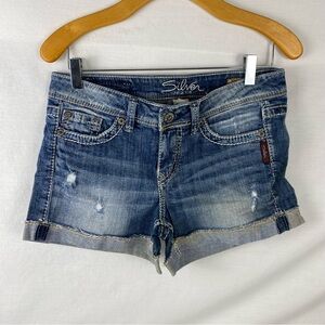 Y2K Silver Jeans Toni 3.5” Denim Shorts Low Rise Distressed 2000s 30” waist